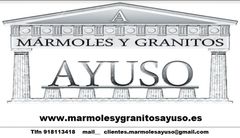 Logotipo: "Mármoles y Granitos Ayuso" con fachada de estilo grecorromano. Sitio web e información de contacto a continuación.