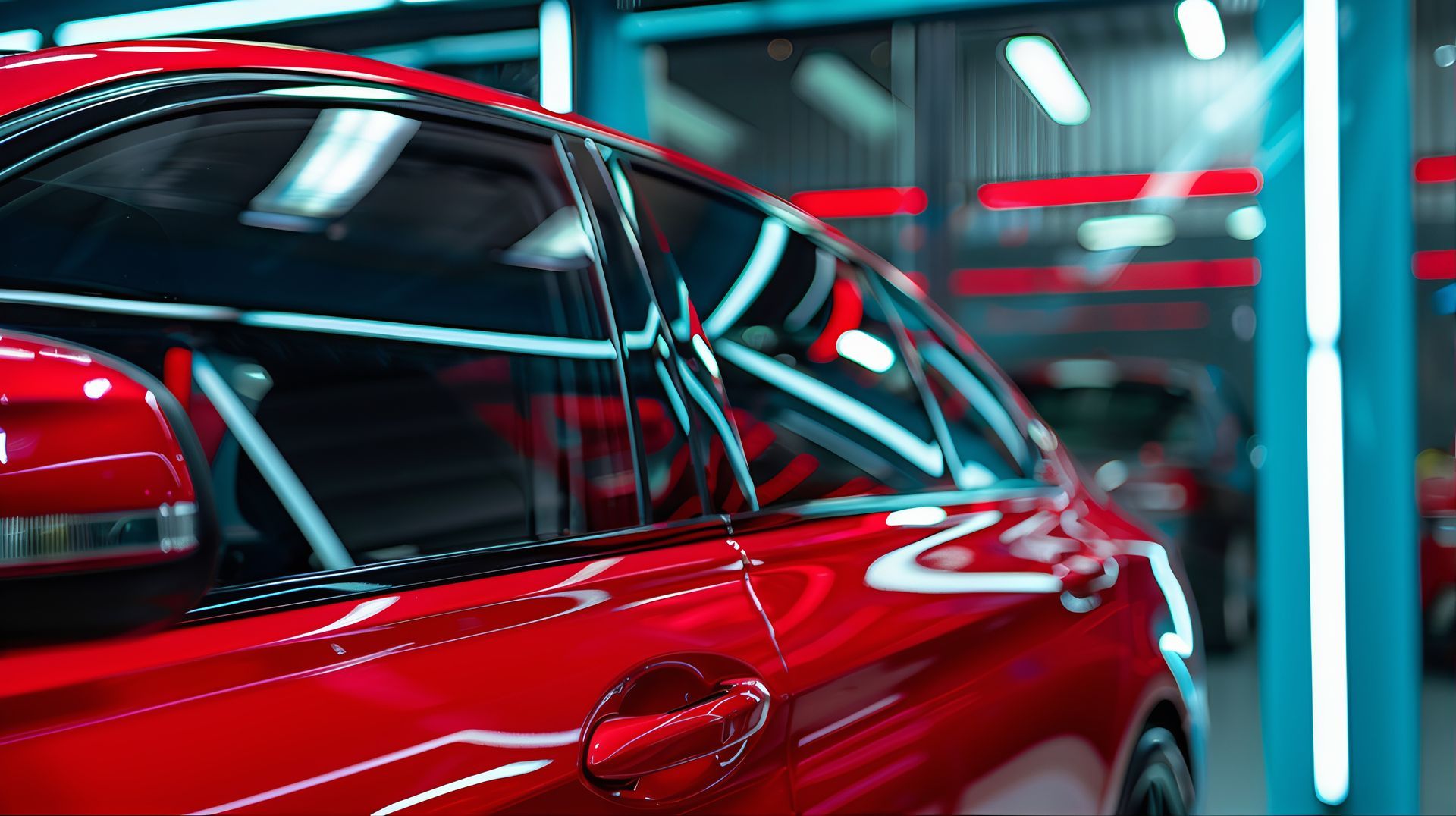 Voiture rouge dans un garage illuminé, reflétant les néons.