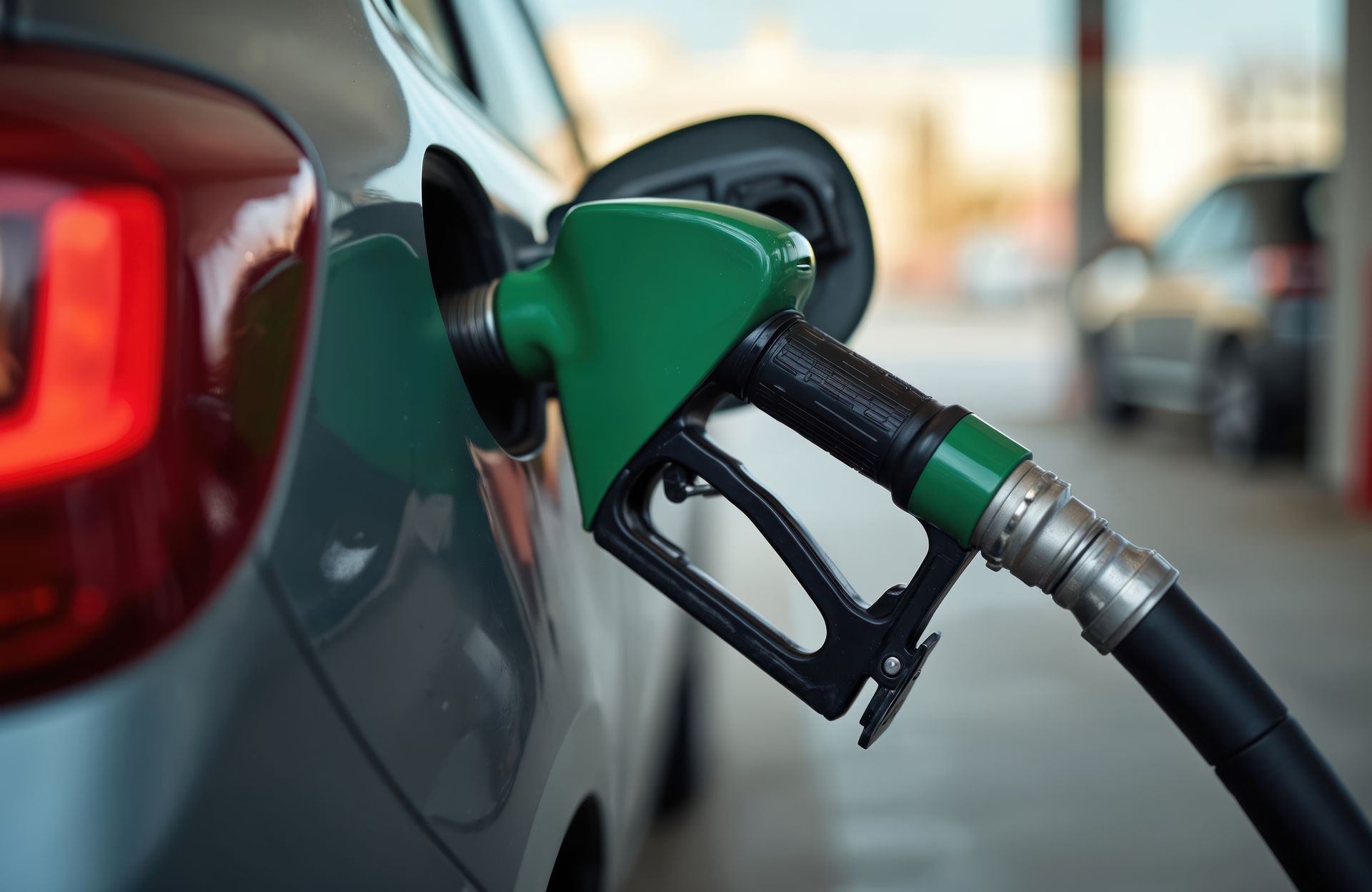 Pistolet à essence vert alimentant une voiture grise dans une station-service.