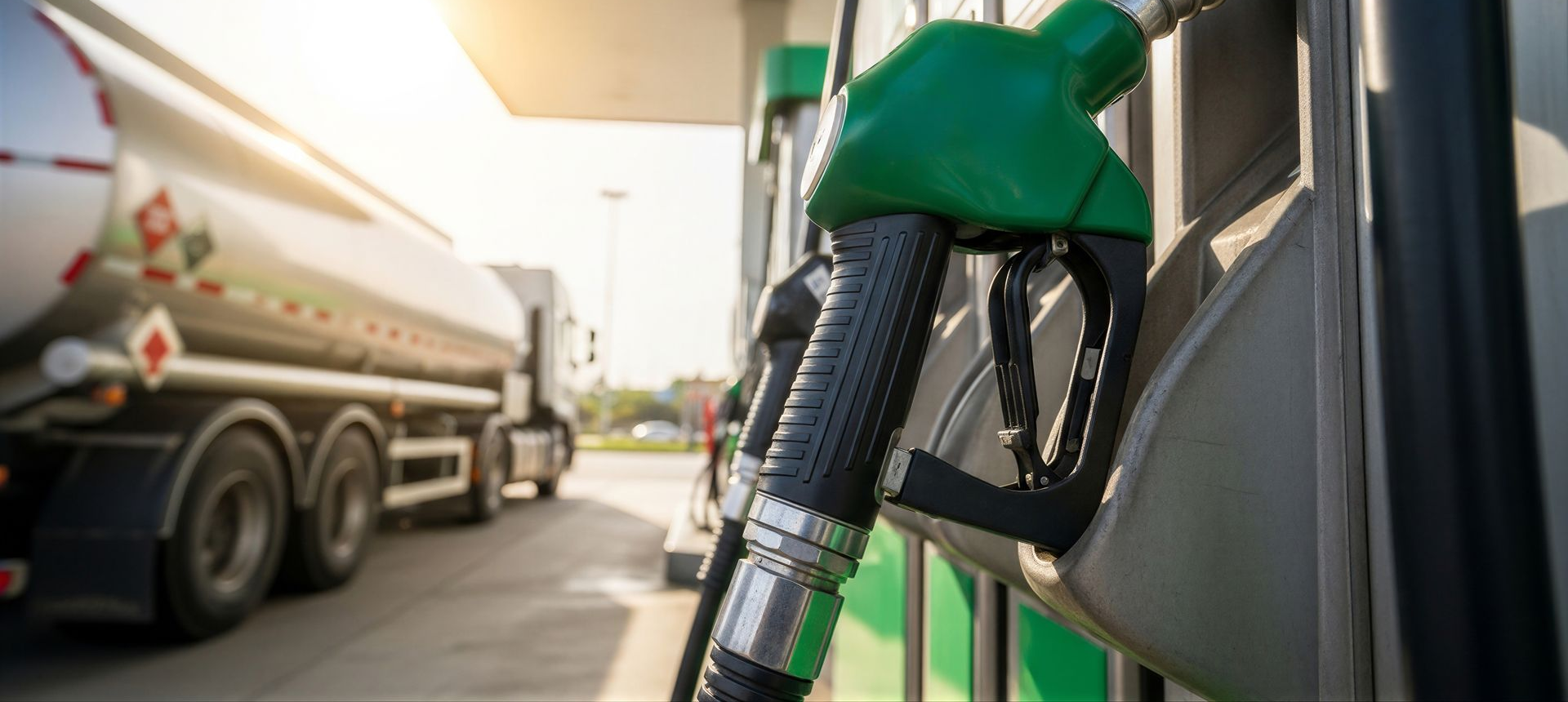 Pistolet de pompe à essence vert avec un camion-citerne en arrière-plan dans une station-service.