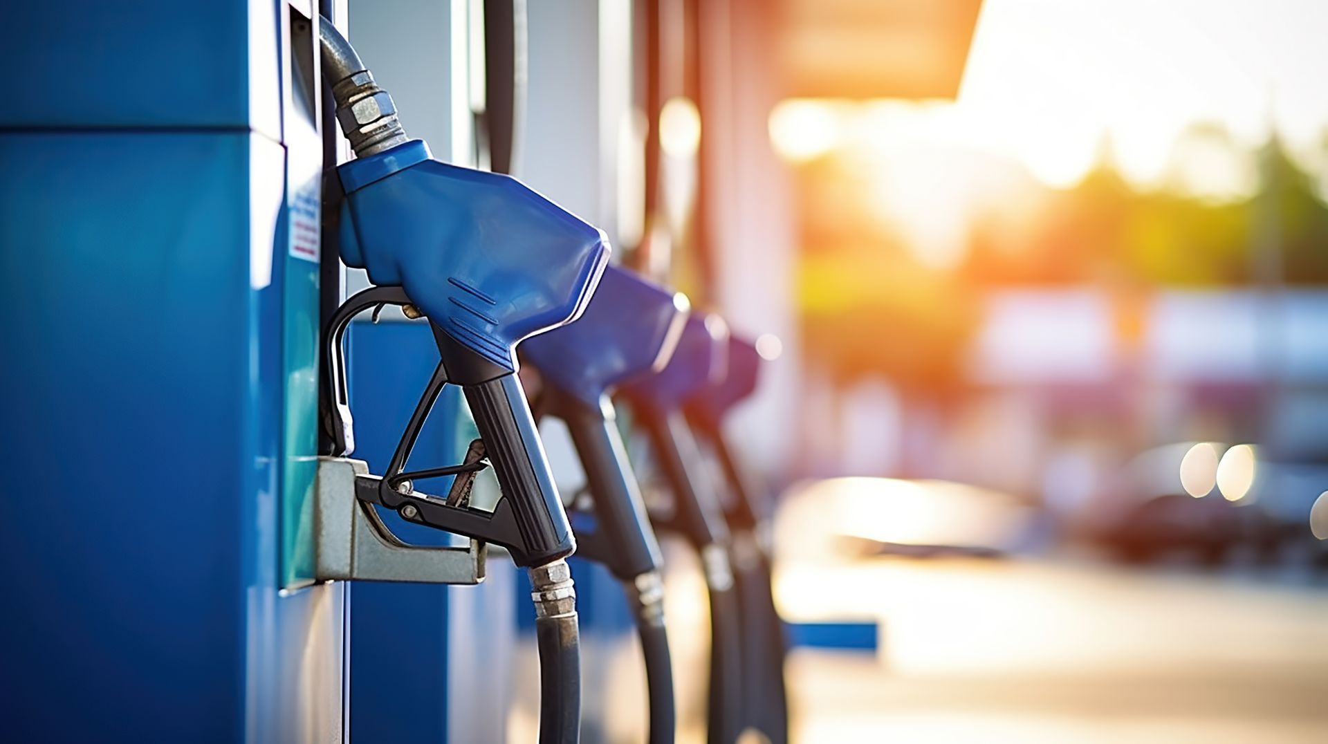 Pistolets à essence bleus dans une station-service, avec le soleil en arrière-plan.