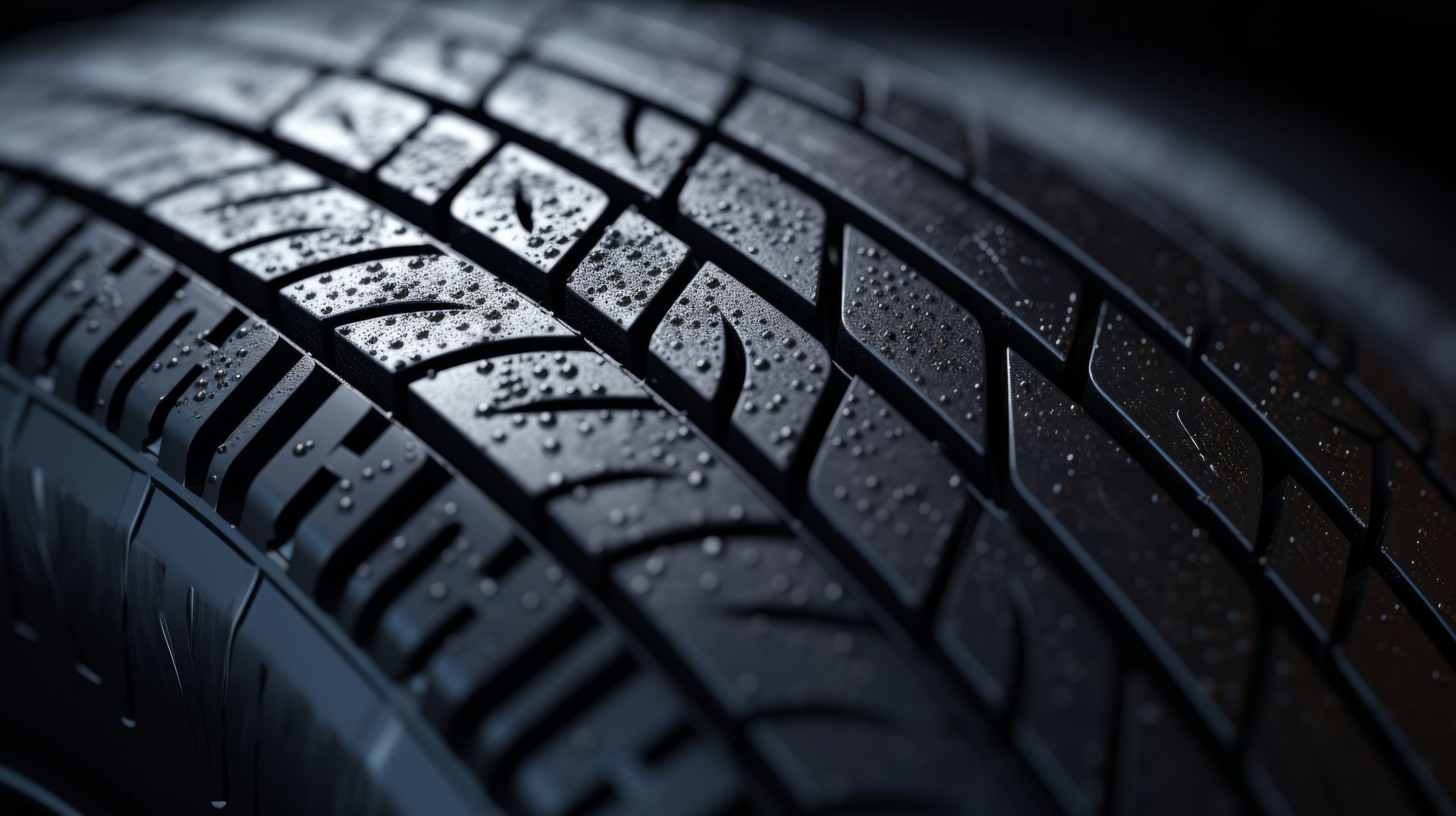 Gros plan sur un pneu mouillé avec sa bande de roulement, montrant les rainures et les gouttelettes d'eau.