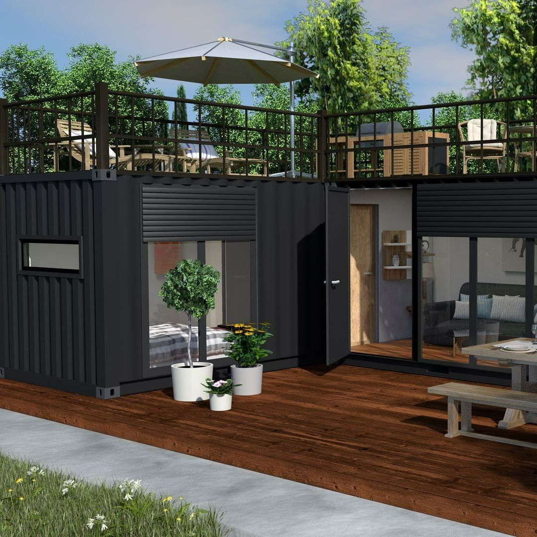 Une terrasse avec des conteneurs.