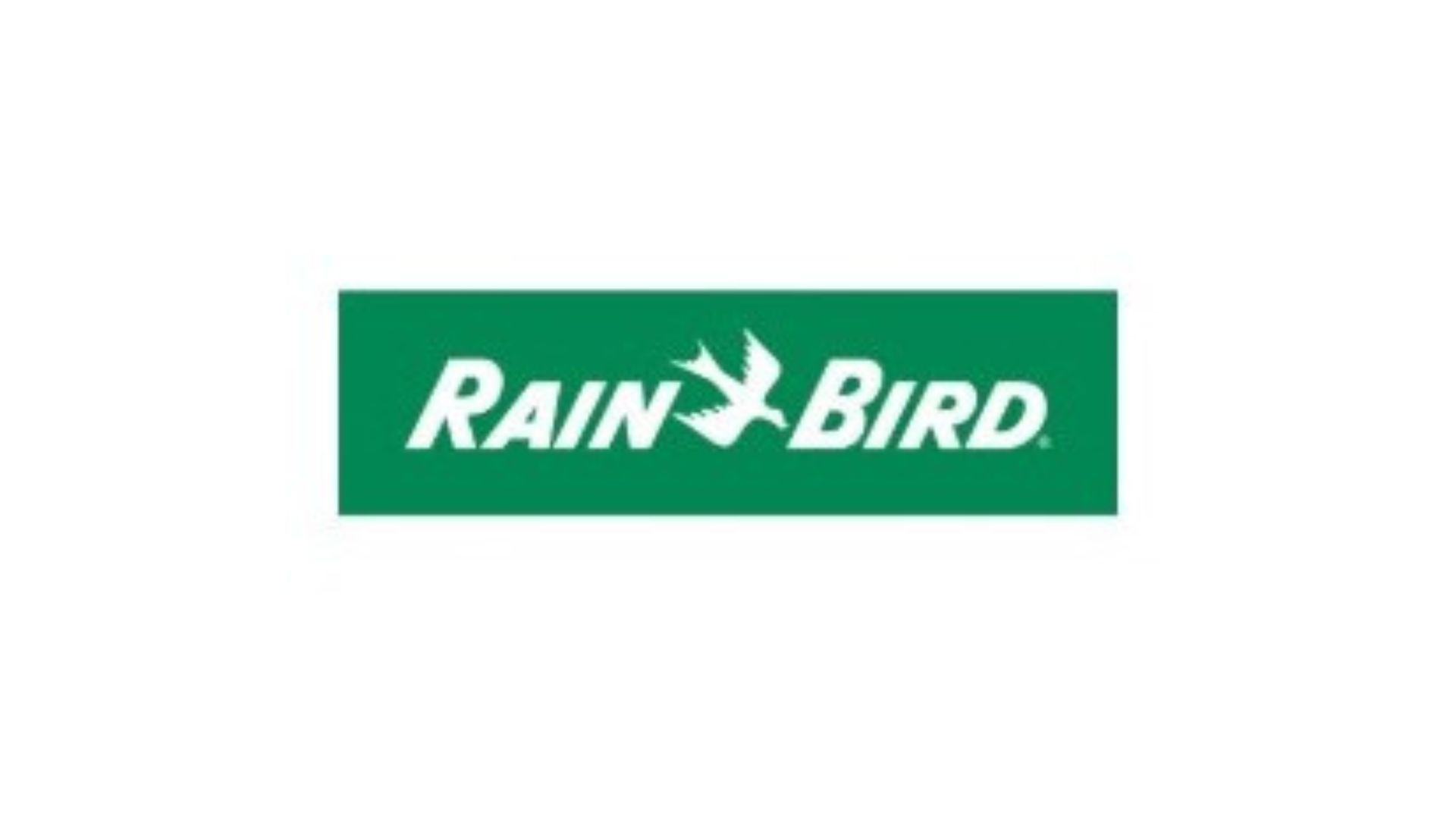 El logotipo de Rain Bird es verde y blanco sobre un fondo blanco.