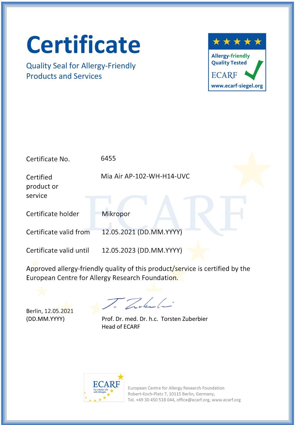 Zertifikat Mia Air 2 weiß: Qualitätssiegel für Allergiker