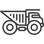 Un icono en blanco y negro de un camión volquete sobre un fondo blanco.