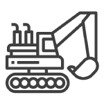 Un icono en blanco y negro de una excavadora sobre un fondo blanco.