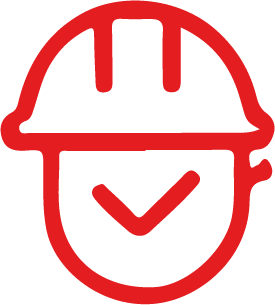 Casque de chantier rouge avec une coche à l'intérieur