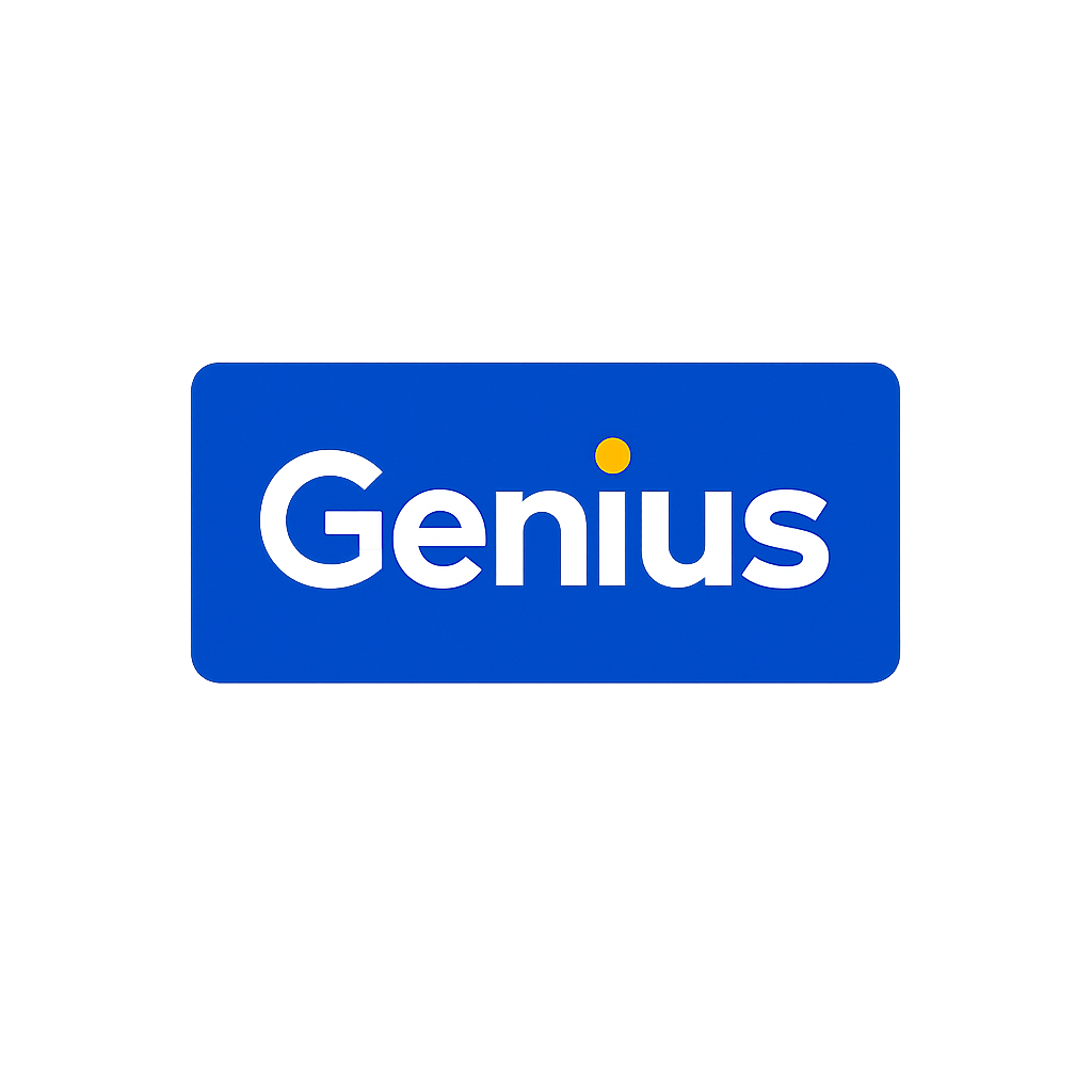 The genius logo is a blue rectangle with the word genius on it.