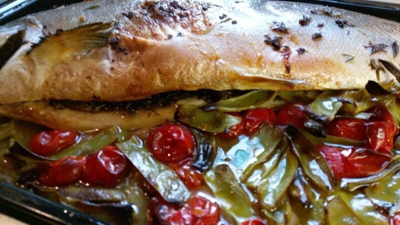 Eine Nahaufnahme eines Sandwiches mit Tomaten und grünen Paprika auf einem Teller.