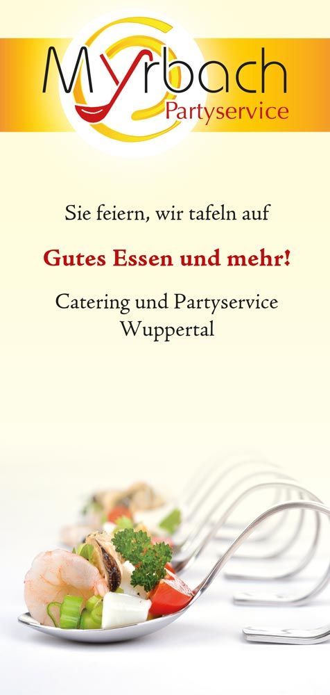 Ein Flyer für Myrbach Partyservice zeigt einen Löffel mit Essen darauf