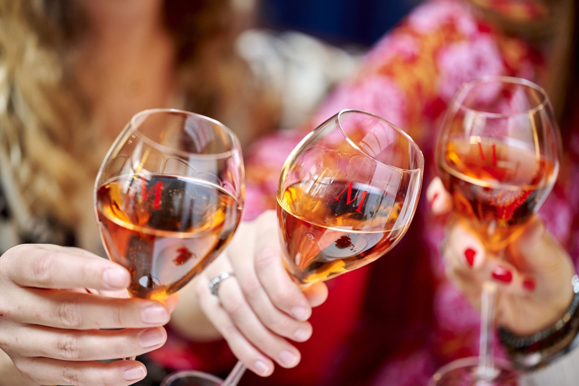 Eine Gruppe Leute stößt mit Weingläsern an.