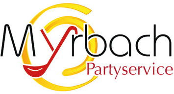 Ein gelb-rotes Logo für Myrbach Partyservice