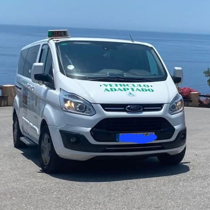 Furgoneta taxi blanca aparcada junto al mar con letrero verde en el techo y el océano al fondo.