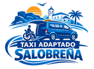 Logotipo de Taxi adaptado Salobre&ntilde;a con furgoneta azul, icono de silla de ruedas, palmera, amanecer y silueta de pueblo 