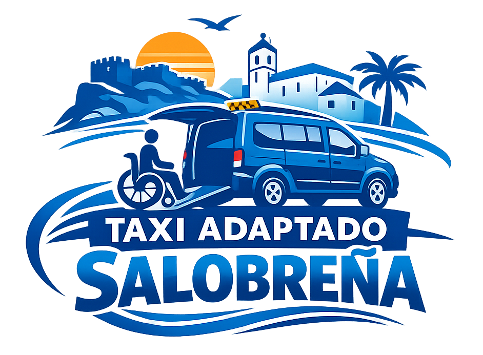 Logotipo de Taxi adaptado Salobre&ntilde;a con furgoneta azul, icono de silla de ruedas, palmera, amanecer y silueta de pueblo 