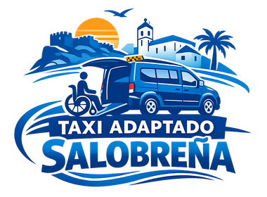 Logotipo de Taxi adaptado Salobre&ntilde;a con furgoneta azul, icono de silla de ruedas, palmera, amanecer y silueta de pueblo 