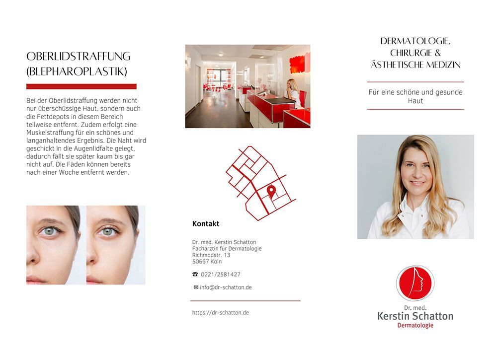 Eine Broschüre für eine Klinik für kosmetische Chirurgie mit einem Bild einer Frau vor und nach der Operation.