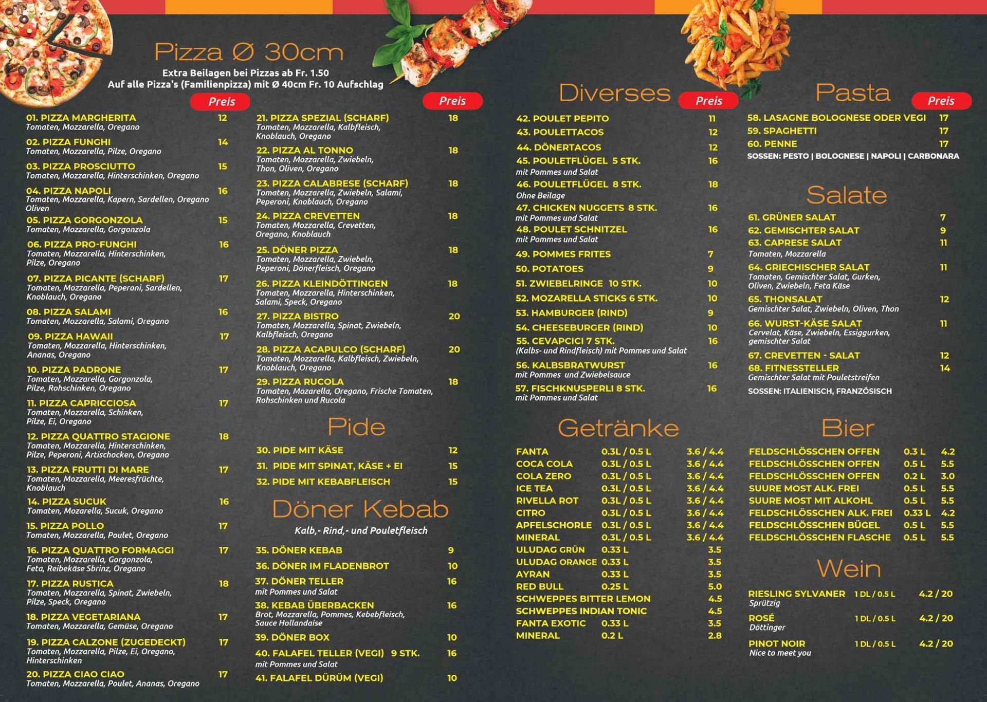 Speisekarte mit Pizza-, Döner- und Pasta-Optionen, auf Deutsch.