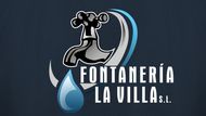 Logotipo de Fontaner&iacute;a La Villa SL con un icono de fontanero y una gota de agua azul sobre fondo oscuro.