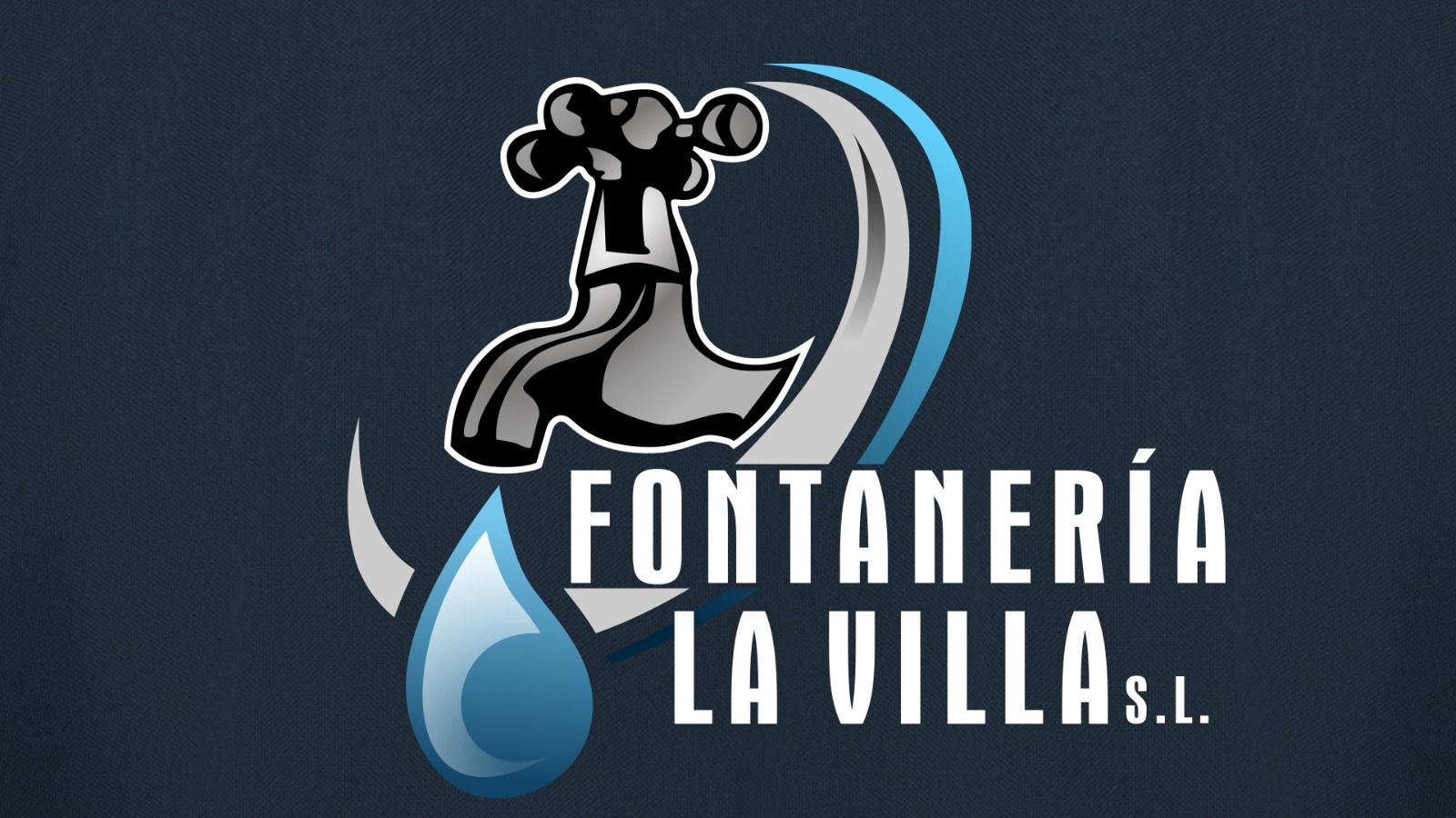 Logotipo de Fontaner&iacute;a La Villa SL con un icono de fontanero y una gota de agua azul sobre fondo oscuro.