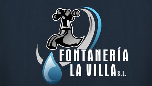 Logotipo de Fontaner&iacute;a La Villa SL con un icono de fontanero y una gota de agua azul sobre fondo oscuro.