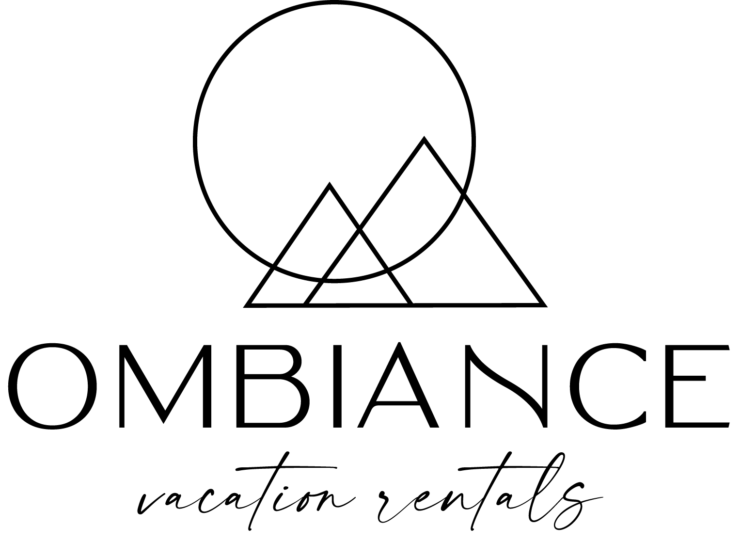 Logo for Ombiance Vacation Rentals featuring a minimalist line drawing of a sun rising behind two mountain peaks.