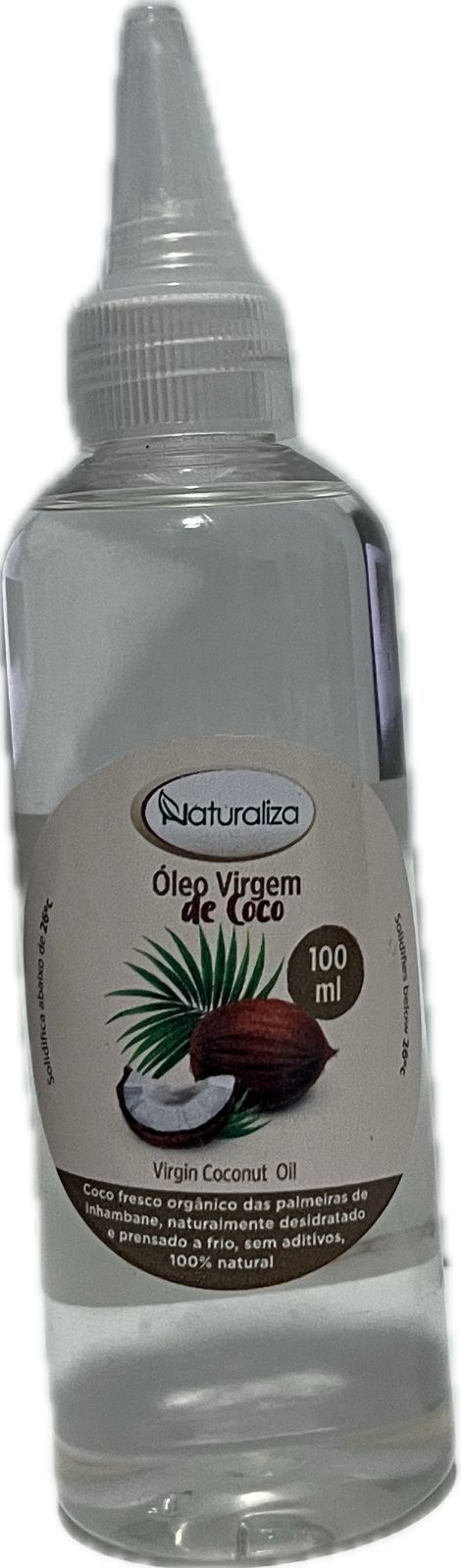 Frasco de óleo de coco com ilustração de um coco e uma folha de palmeira no rótulo.