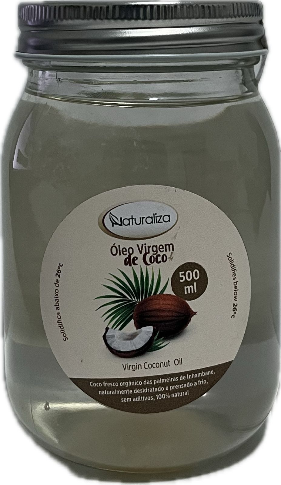 Pote de óleo de coco virgem com rótulo ilustrado com um coco. 500 ml.