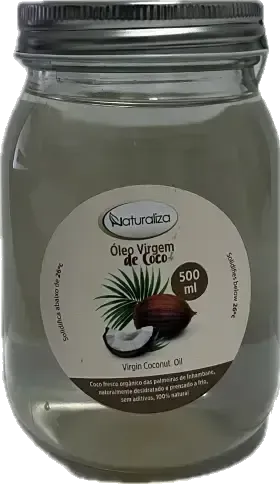 Pote de óleo de coco virgem com rótulo apresentando uma ilustração de coco.