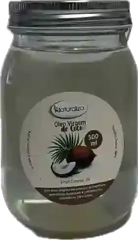 Pote de óleo de coco virgem com rótulo apresentando uma ilustração de coco.