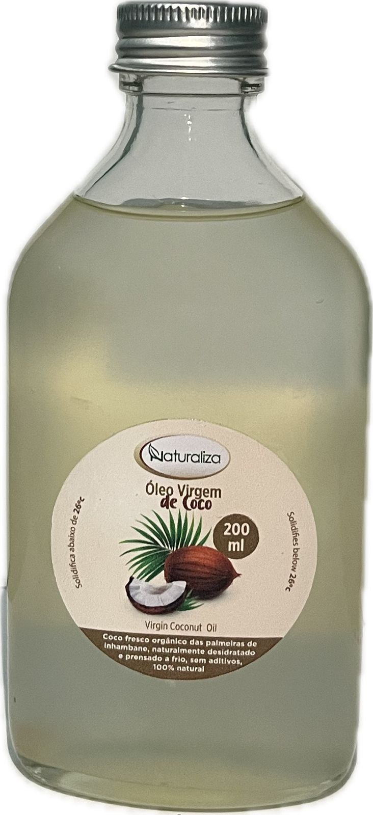 Frasco de óleo de coco com rótulo que apresenta coco e folhas de palmeira.