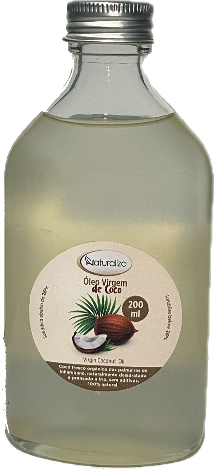 Pote de óleo de coco virgem com rótulo apresentando uma ilustração de coco.