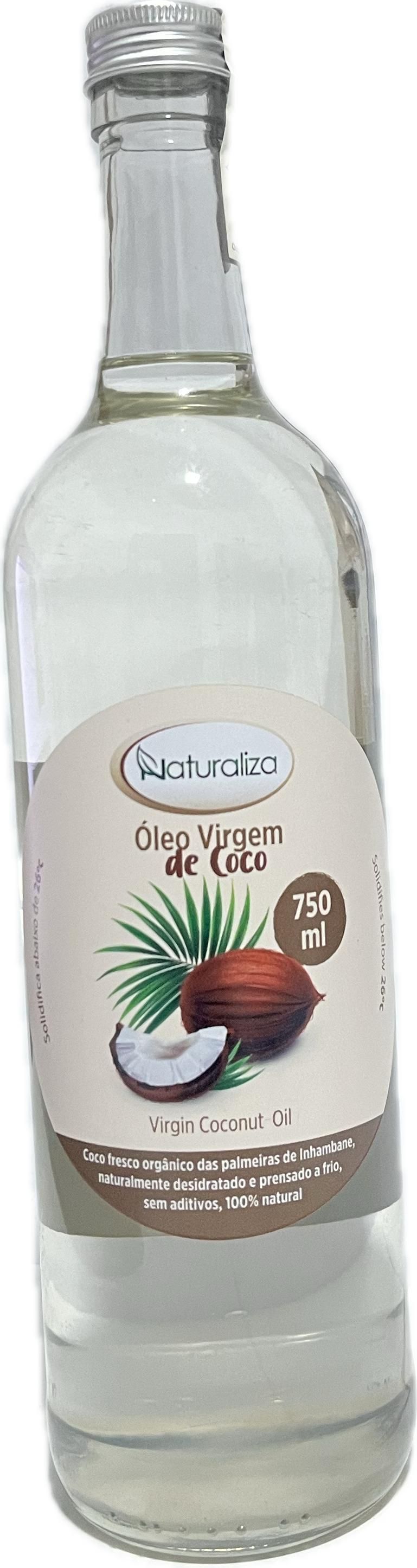 Frasco de óleo de coco com rótulo que apresenta coco e folhas de palmeira.