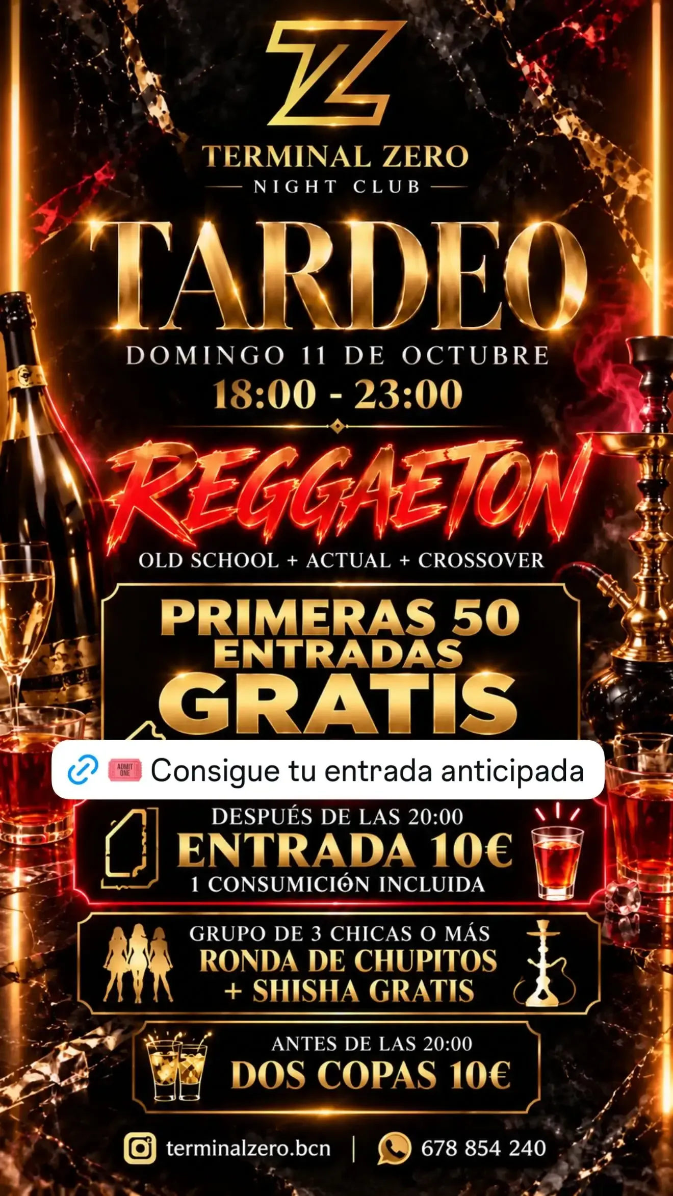 Cartel negro y dorado para el evento «Tarde Reggaetón», domingo de 18:00 a 23:00, entrada gratuita y promoción 2x1.