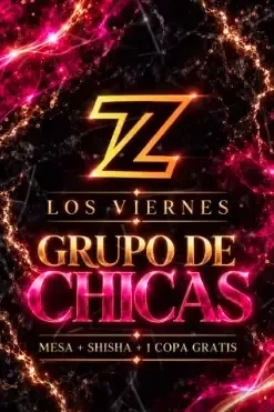 Cartel negro y dorado con luces rosas: «Los Viernes Grupo de Chicas», mesa, shisha y copa gratis