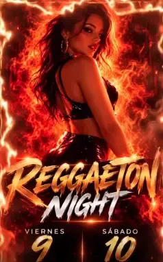 Cartel promocional en rojo intenso para “Reggaeton Night”, con una mujer bailando y los detalles de la fecha debajo