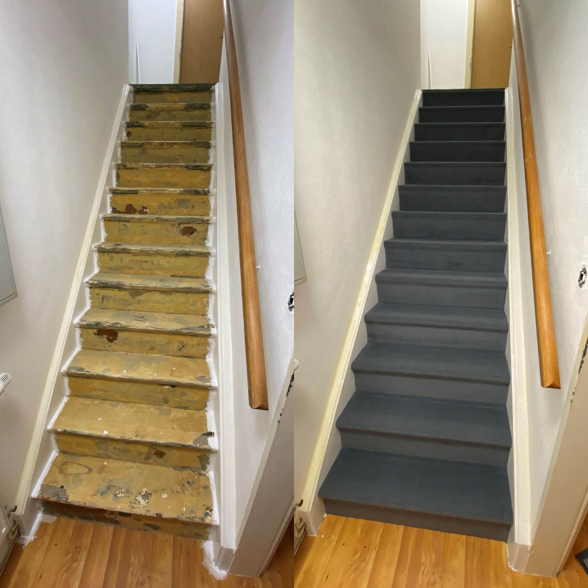 Ein Vorher-Nachher-Bild einer Treppe mit Holzstufen