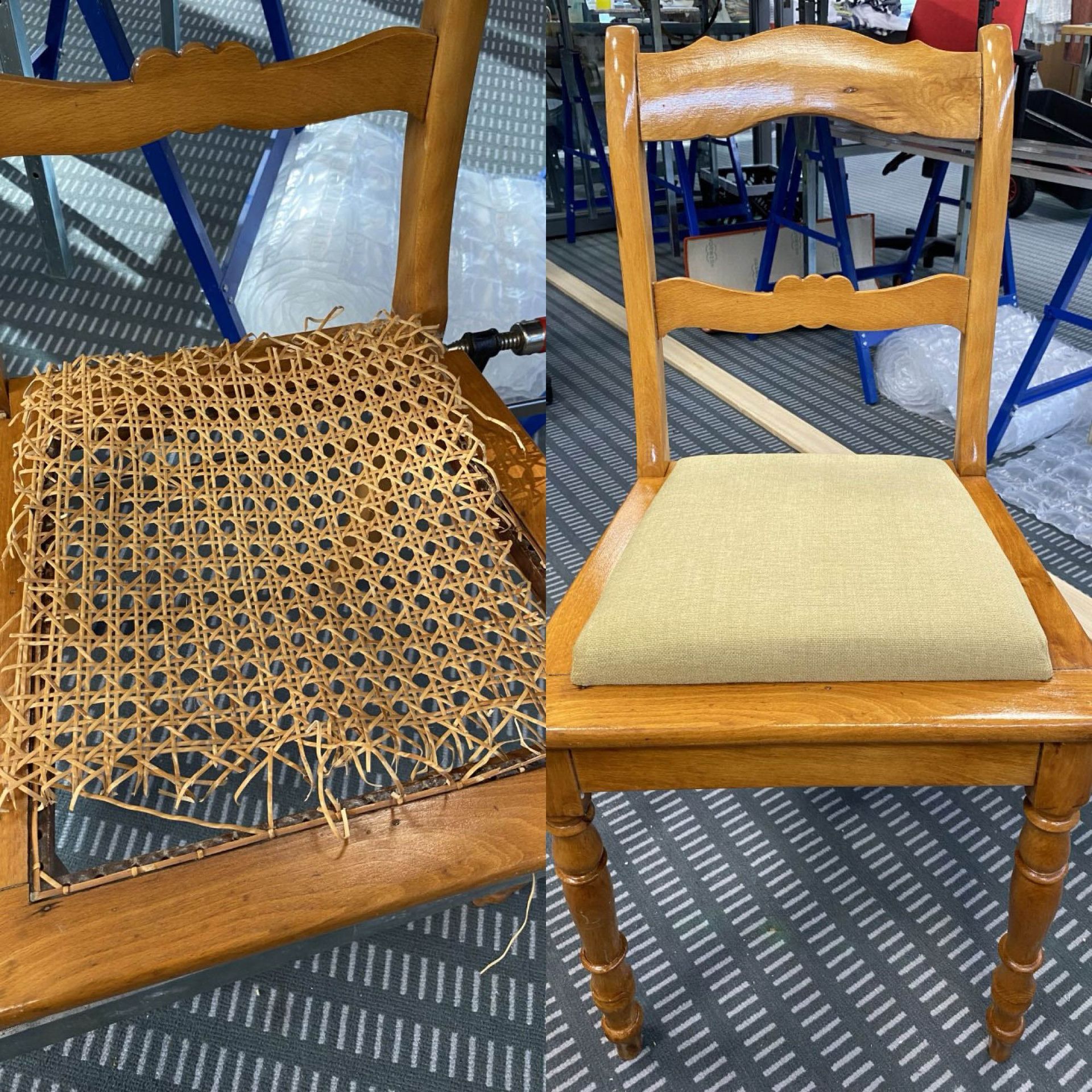 Ein Vorher-Nachher-Foto eines Holzstuhls mit Korbsitz