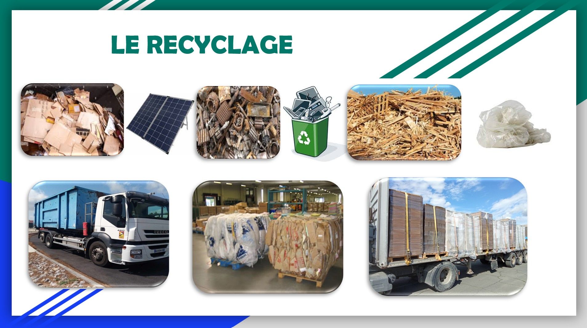 Affiche française intitulée Le recyclage montrant des matériaux recyclés et des camions de collecte.