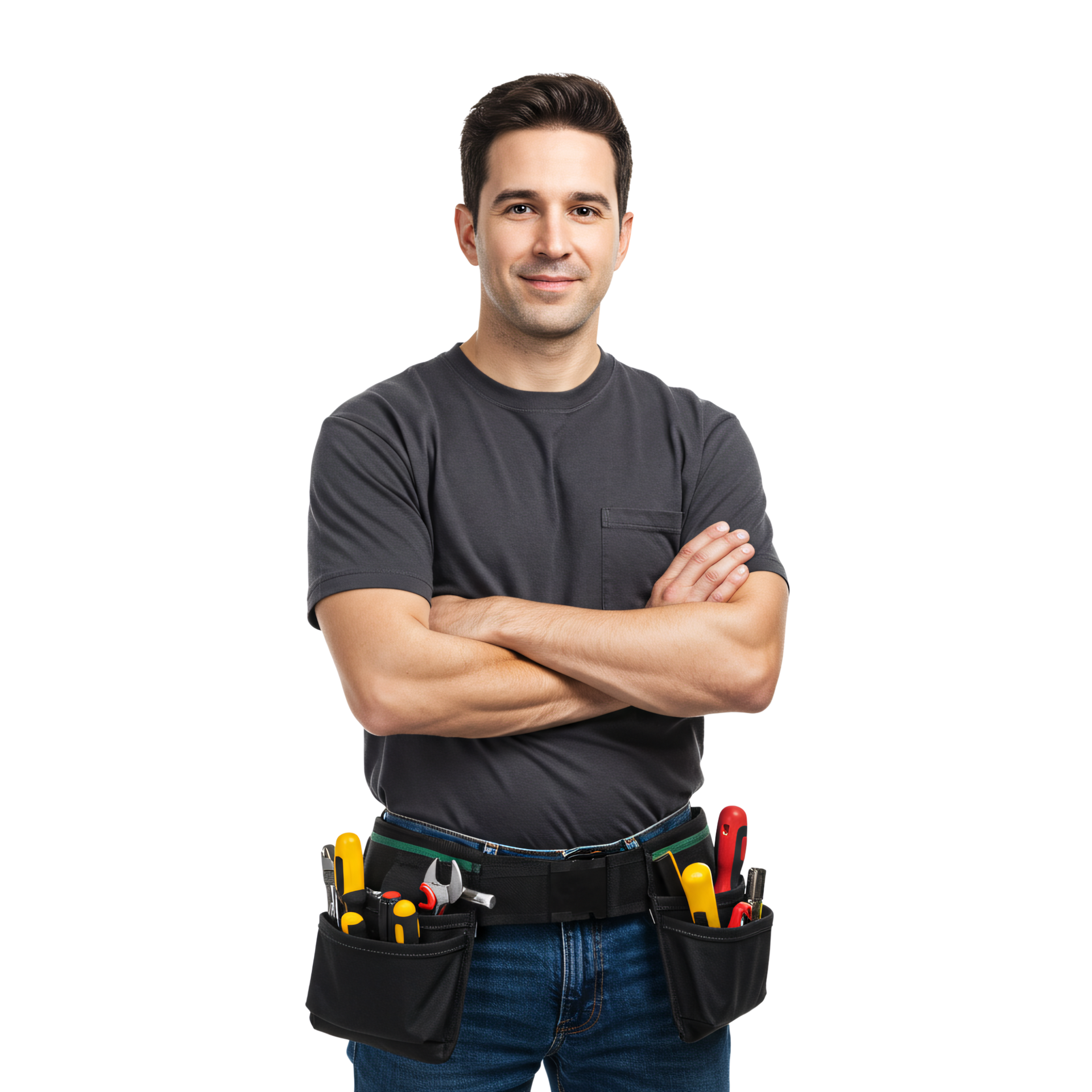 Homme avec ceinture à outils, bras croisés, sourit, debout sur fond blanc.