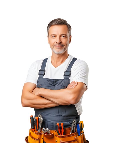 Homme en salopette, bras croisés, souriant, portant une ceinture à outils, fond blanc.
