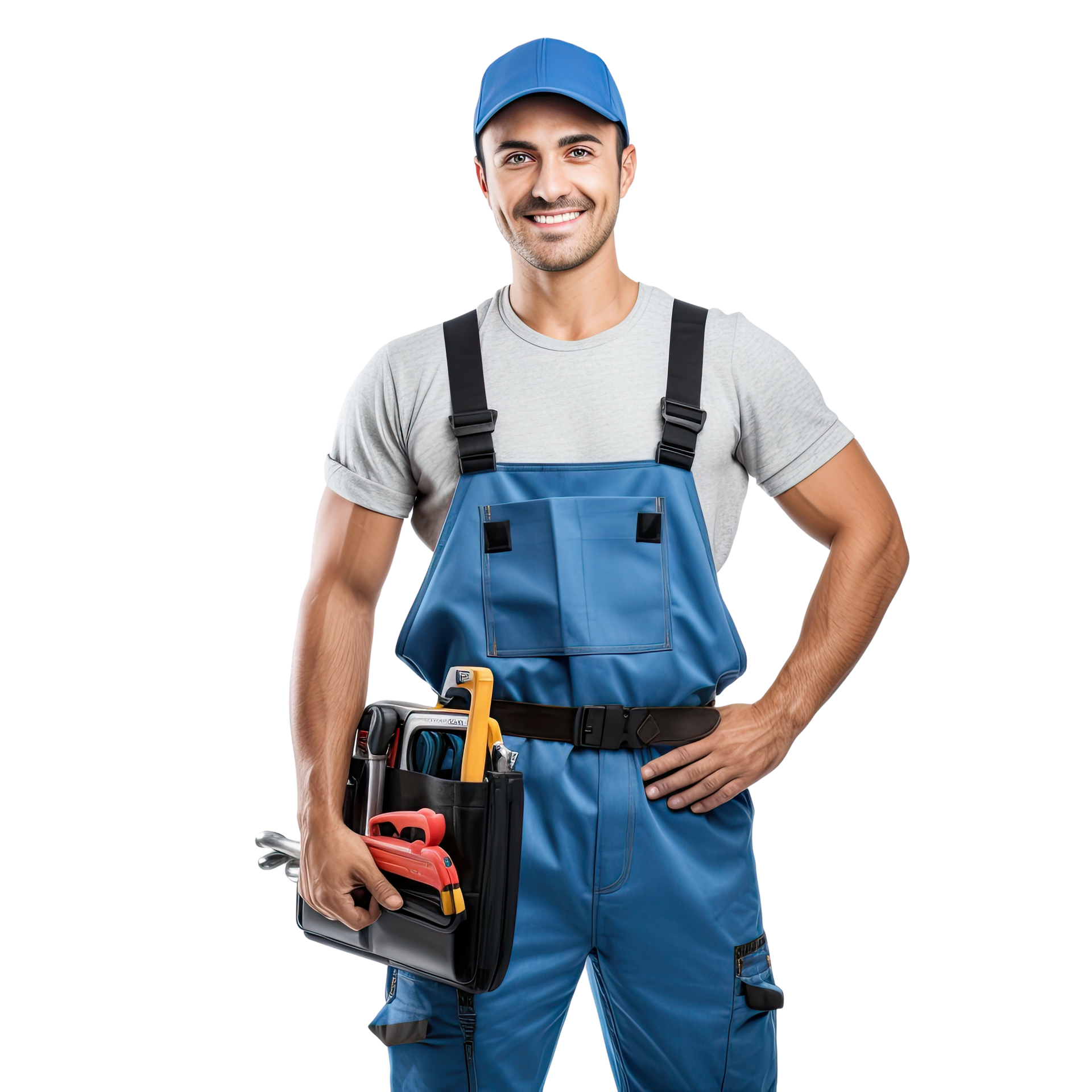 Technicien masculin souriant portant une salopette bleue, tenant une ceinture à outils et une casquette bleue.