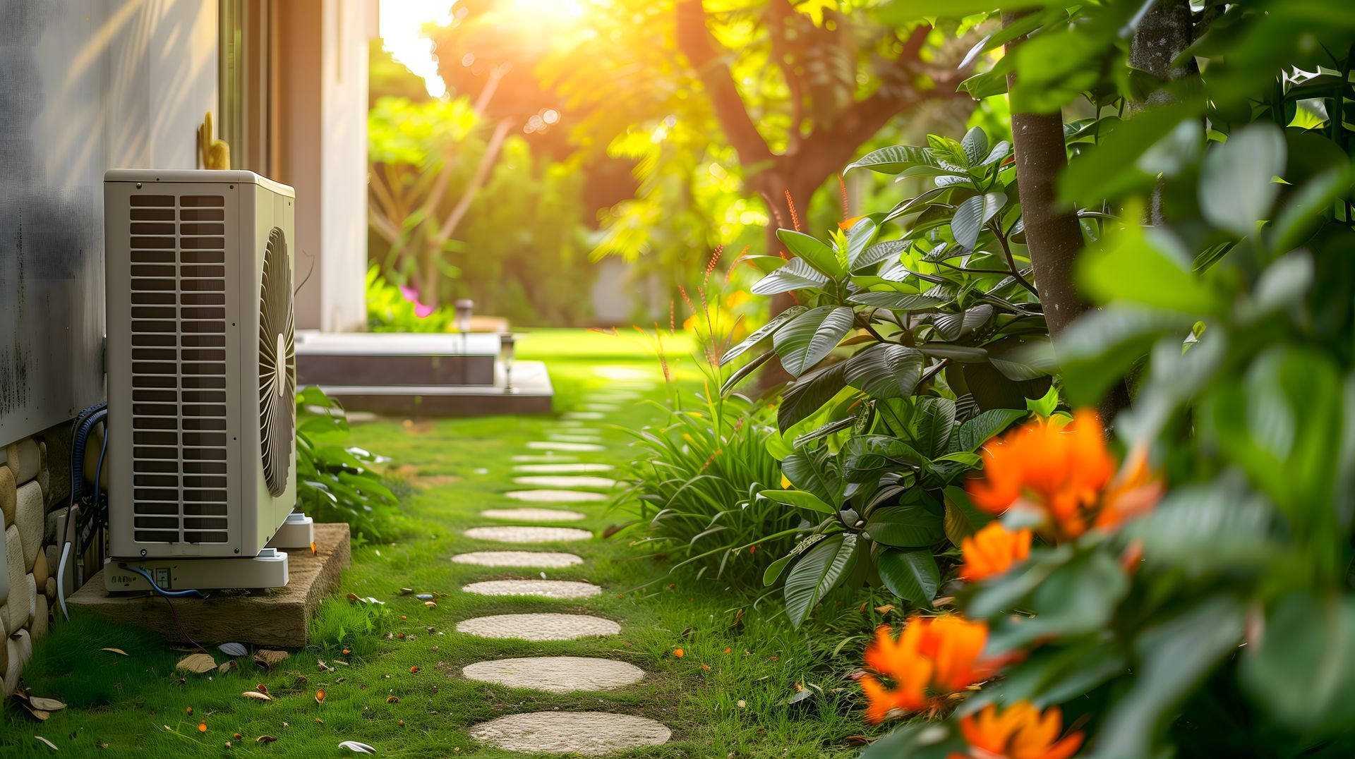 Climatiseur à côté d'un chemin en pierre dans un jardin verdoyant avec des fleurs orange et un soleil éclatant.
