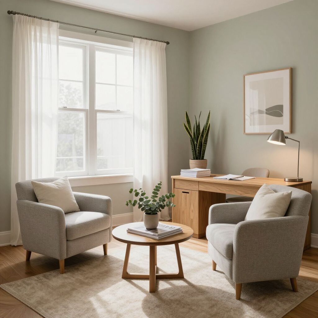 Gemütliches Heimbüro mit zwei Sesseln, einem kleinen Tisch, einem Schreibtisch und einem Fenster mit transparenten Vorhängen.