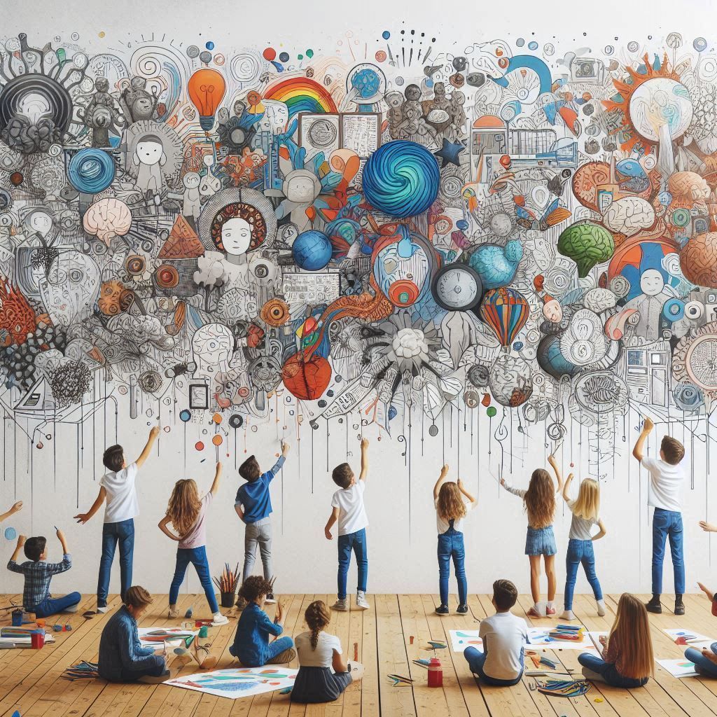 Eine Gruppe Kinder malt ein Wandgemälde an eine Wand.