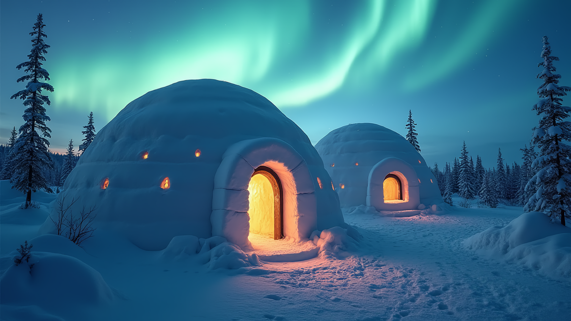 Zwei Iglus mit beleuchteten Eingängen, unter den Nordlichtern in einem verschneiten Wald.