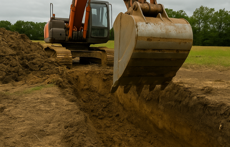 Une grande excavatrice creuse un trou dans un champ
