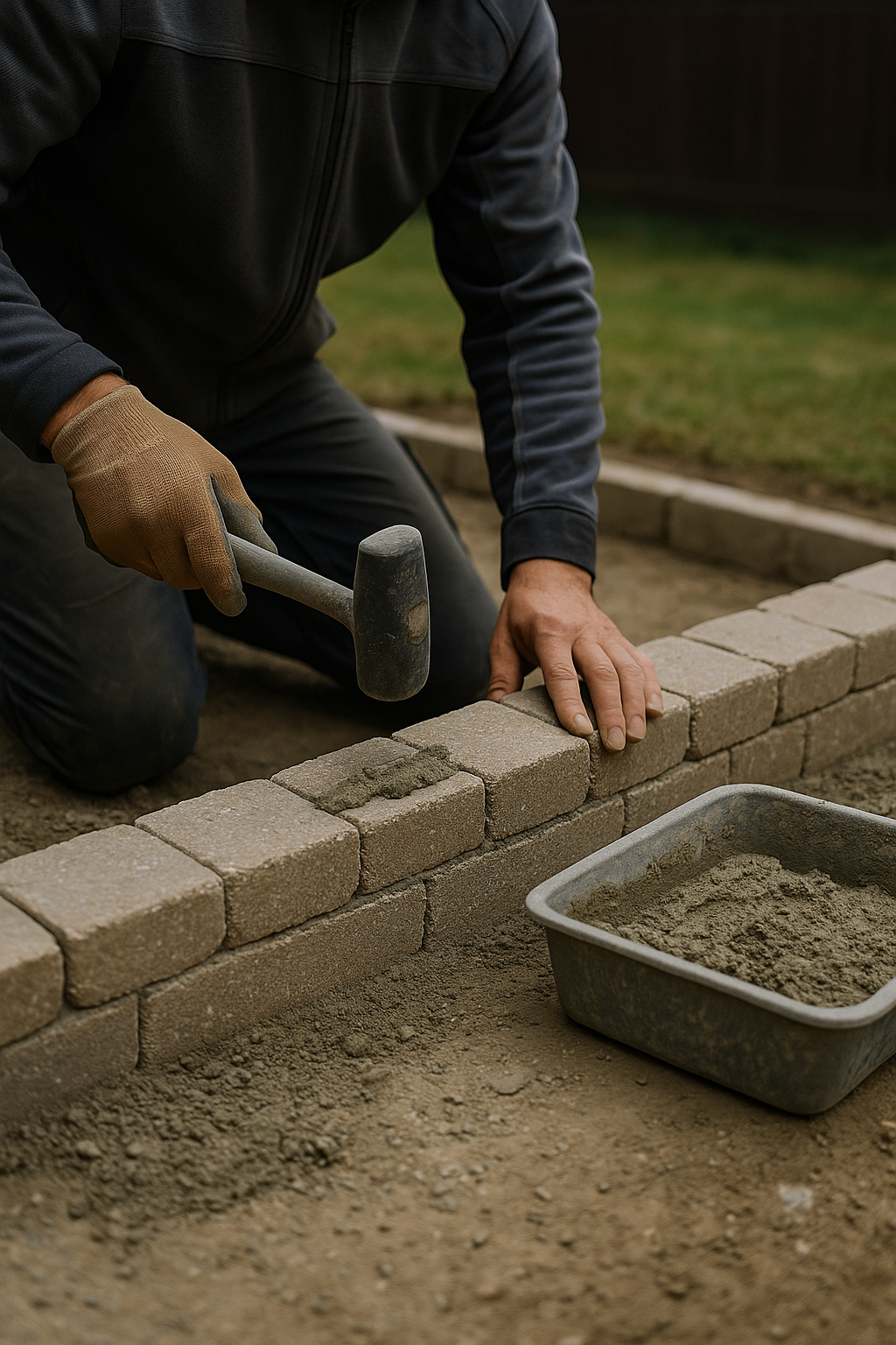 Un homme est à genoux tout en utilisant un marteau pour construire un mur de briques.