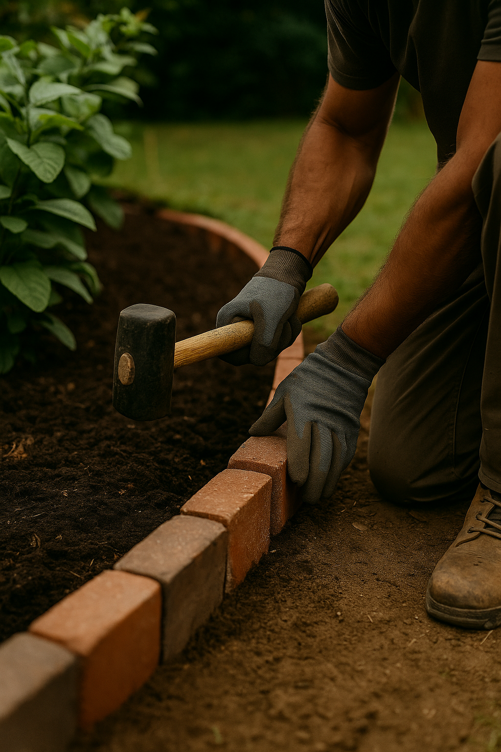 Un homme utilise un marteau pour construire une bordure en briques dans un jardin.